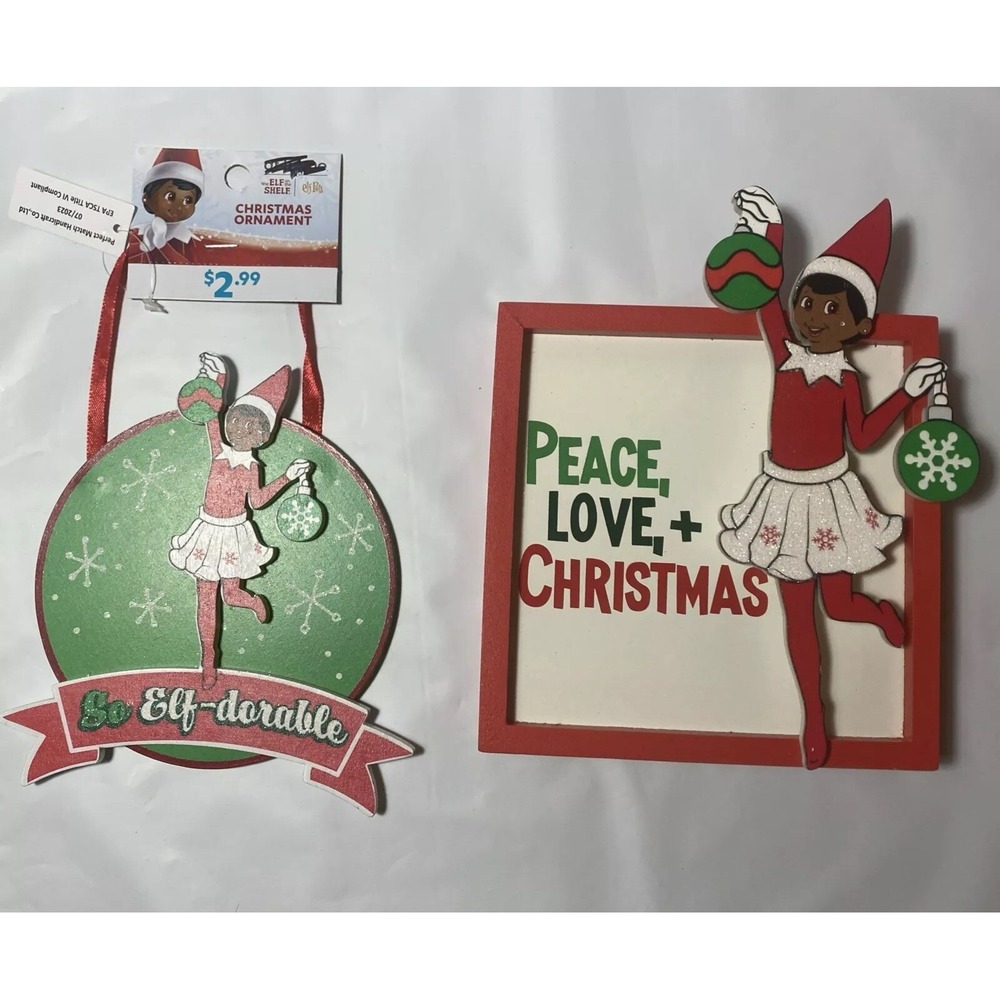 Elf On The Shelf Christmas Decor Set Girl Red Green Wood Sign Ornament Lot
